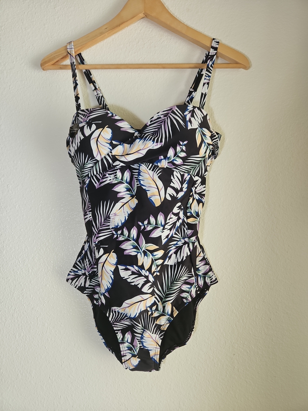 Women's Black Floral Tropical Leaf One-Piece Swimsuit Removable Straps